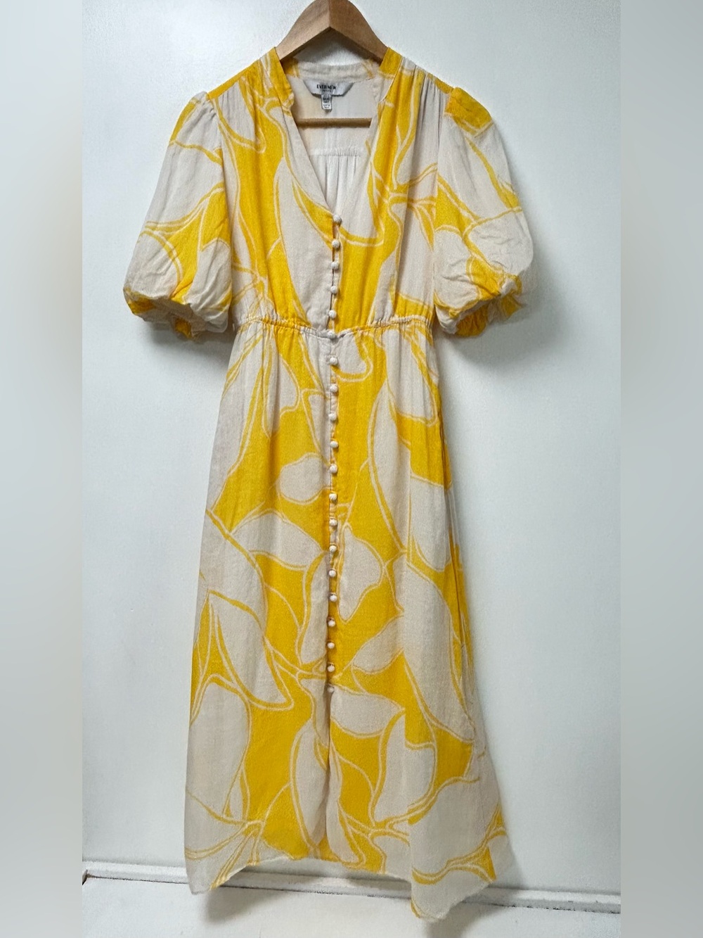 Ever New Women’s Petite Yellow White Puff Sleeve Button Front Midi Dress Size 2